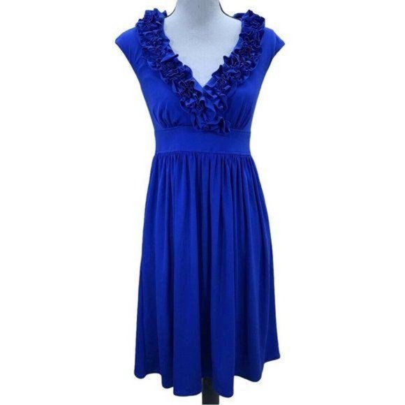 Maggy London Royal Blue Ruffle Neck Flare Dress - Picture 2 of 11